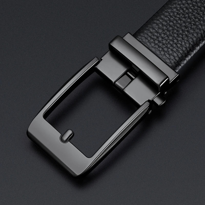 Premium 100% black cowhide leather belt for men with a sturdy silver buckle. A timeless and durable formal/casual accessory.