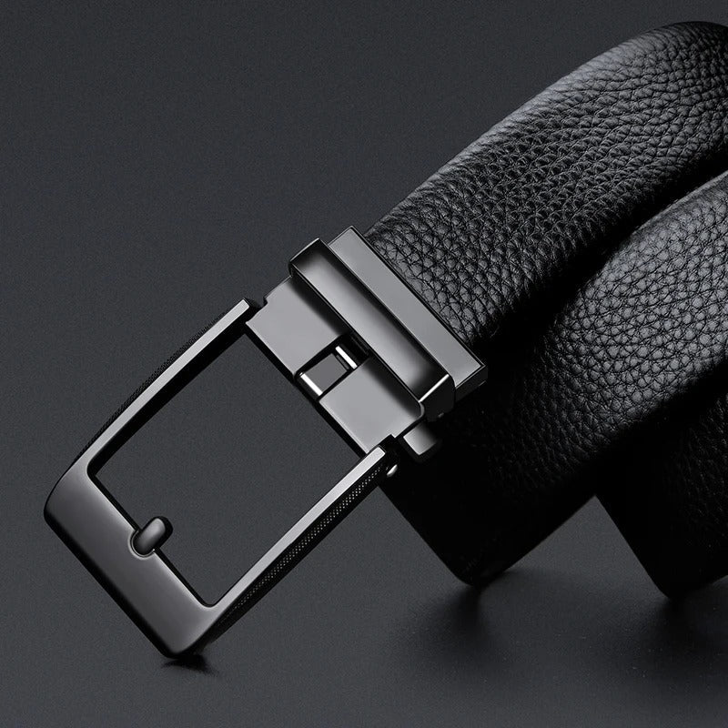 Men's black cowhide leather belt, an essential and durable accessory for dress or casual pants. Silver buckle detail.