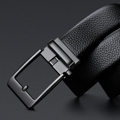 Men's black cowhide leather belt, an essential and durable accessory for dress or casual pants. Silver buckle detail.