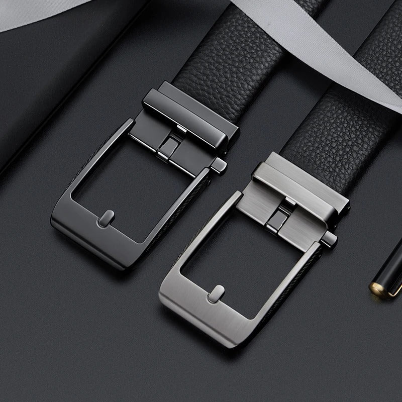 Premium black men's cowhide leather belt with silver buckle. Durable, classic formal & casual accessory.