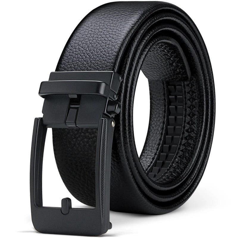 Black men's durable cowhide leather belt featuring a classic silver buckle. A premium and versatile accessory for any outfit.