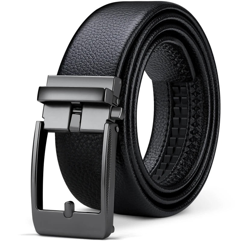 Elegant men's 100% cowhide black leather belt. Durable construction with a stylish silver buckle for all formal & casual occasions.