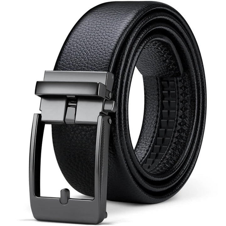 Elegant men's 100% cowhide black leather belt. Durable construction with a stylish silver buckle for all formal & casual occasions.