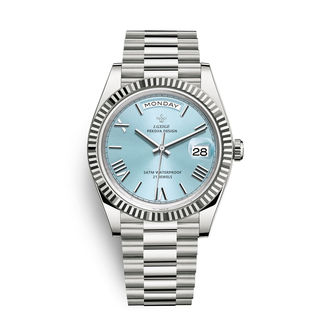 Durable men's automatic watch with day & date display. A high-quality, timeless gift for him.