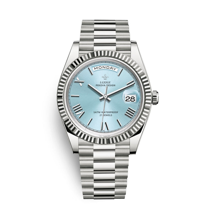 Durable men's automatic watch with day & date display. A high-quality, timeless gift for him.