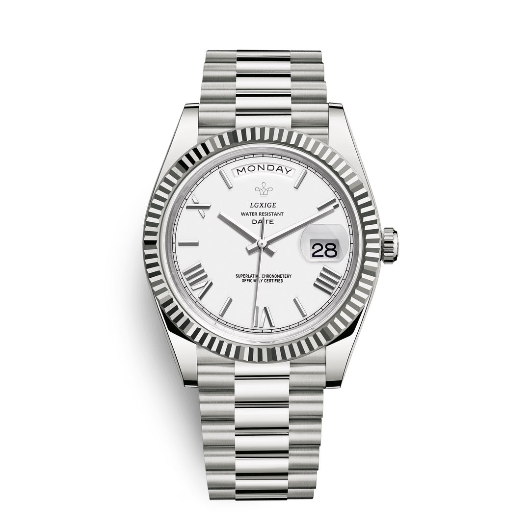 Rear view of men's automatic watch. Transparent case back revealing intricate movement.