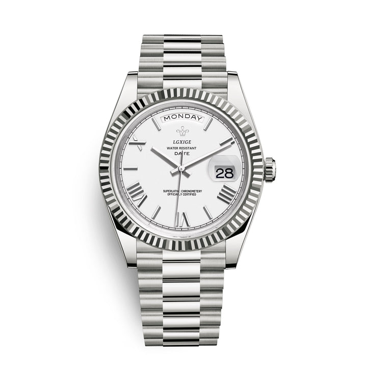 Rear view of men's automatic watch. Transparent case back revealing intricate movement.