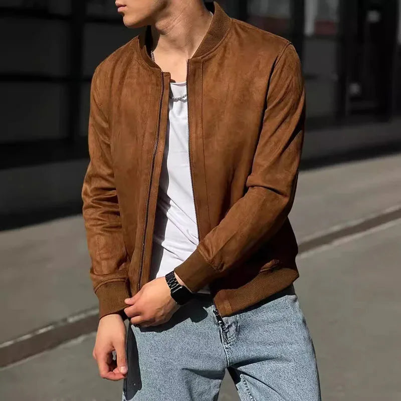 Slim-fit men's navy bomber jacket, ideal casual outerwear for spring & fall layering.
