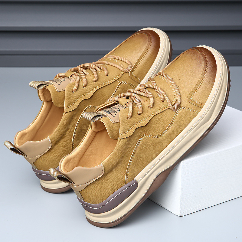 Tan men's comfort walking shoes, stylish everyday athletic sneakers.