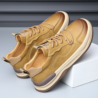 Tan men's comfort walking shoes, stylish everyday athletic sneakers.