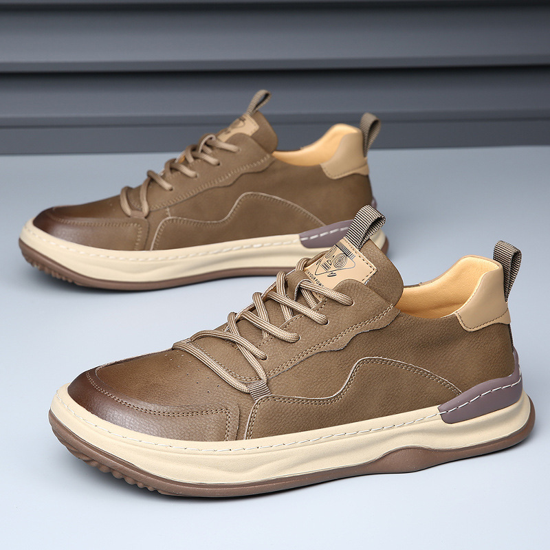 Stylish tan men's comfort sneakers, durable athletic footwear.