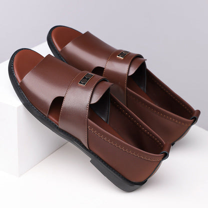 Close-up of the brown leather men's comfort sandal with detailed stitching and a supportive footbed.