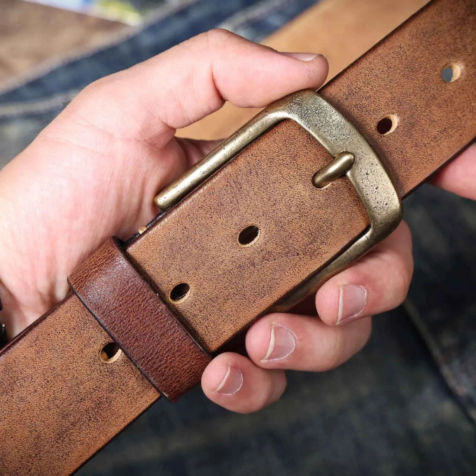 Dark brown men's cowhide leather belt. A classic, durable waist accessory offering lasting quality.