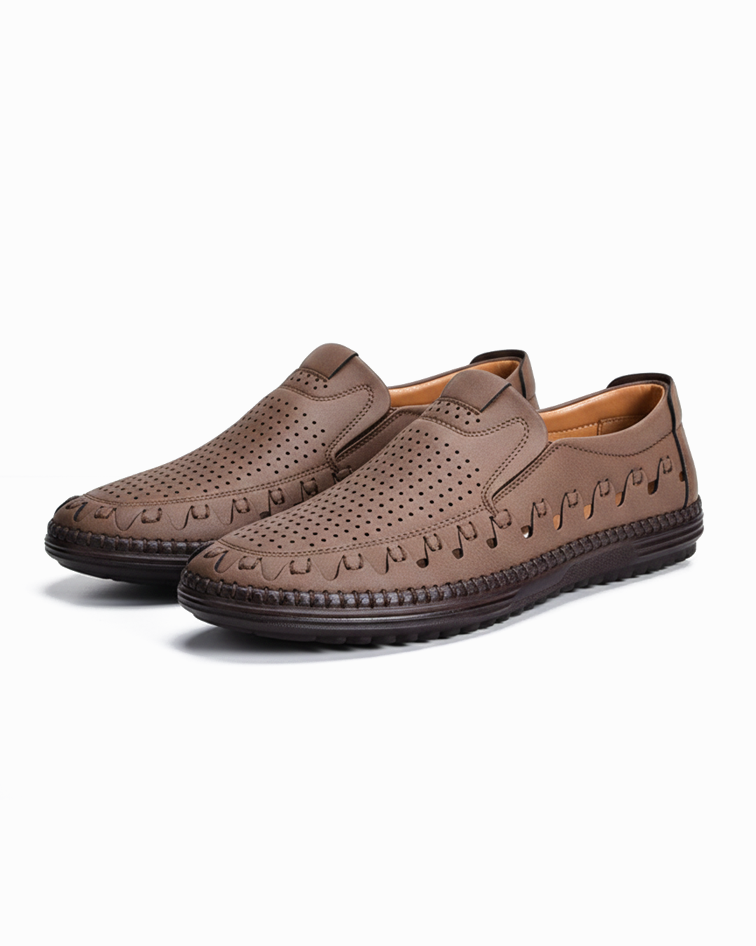 Men's premium brown cowhide leather slip-on loafers with moc toe for comfortable everyday wear.