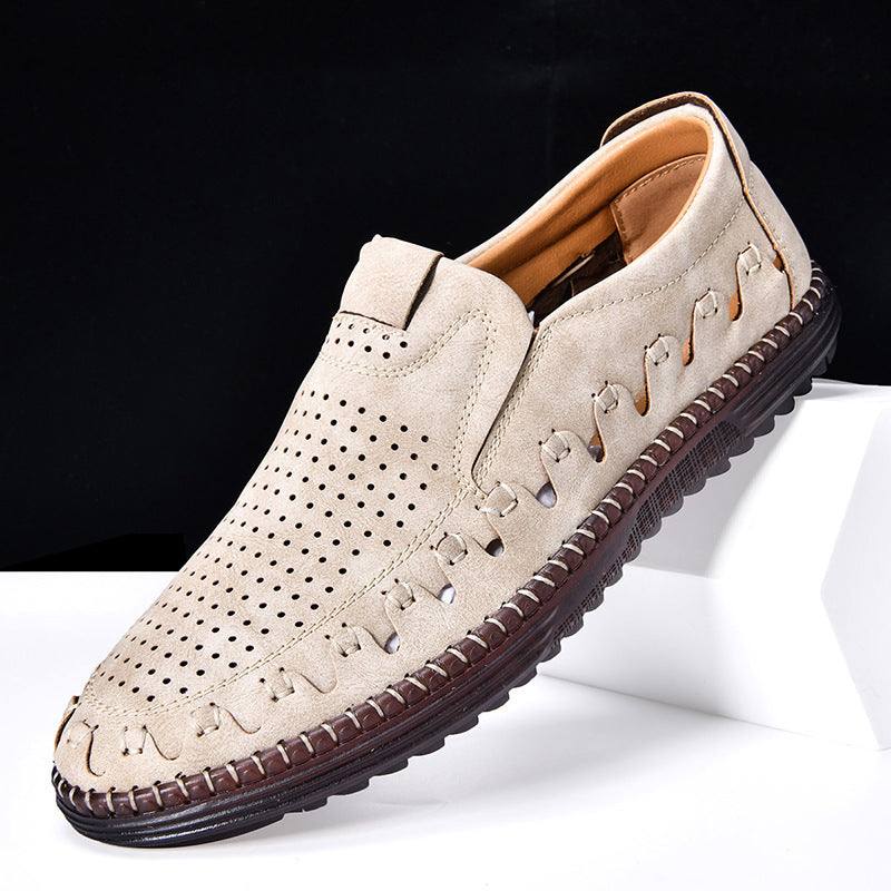 Stylish men's moc-toe cowhide slip-on loafers; versatile footwear for casual spring and summer outfits.