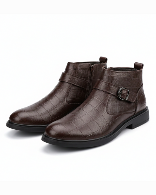 Men's premium brown full-grain leather boots with zipper & buckle closure. Stylish & durable casual/dress footwear.