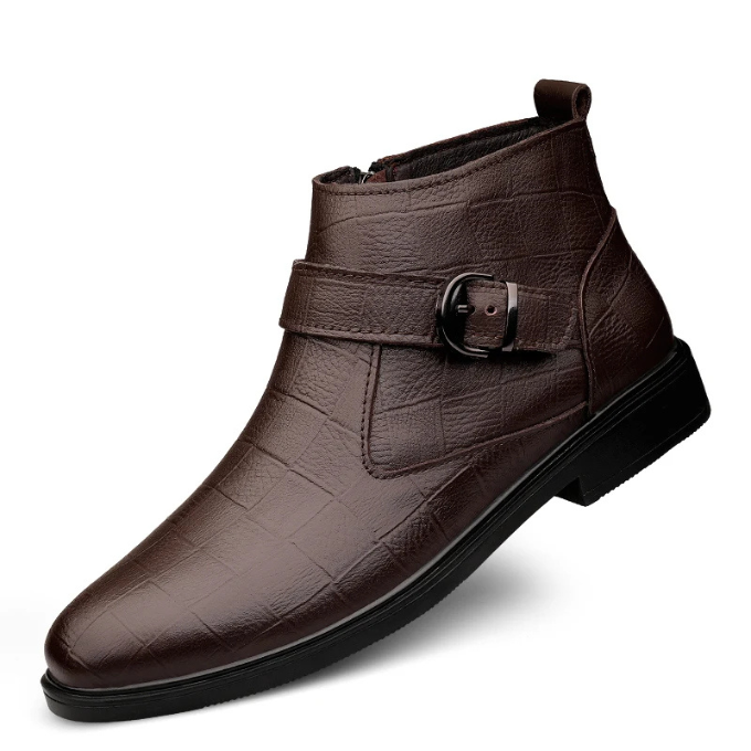 Rich brown full-grain leather men's boots, combining zip convenience with buckle style for everyday elegance.