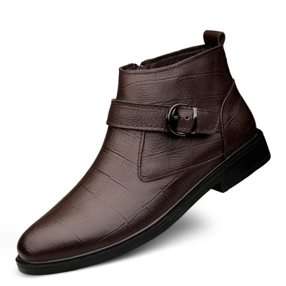 Rich brown full-grain leather men's boots, combining zip convenience with buckle style for everyday elegance.