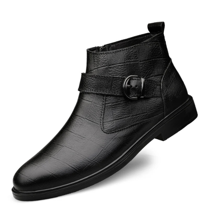 Sleek black men's premium leather casual boots, designed with easy-on zipper & classic buckle for modern style.