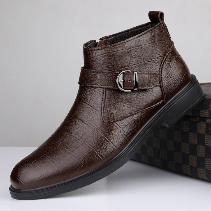 Stylish men's brown leather dress boots, featuring convenient side zipper & decorative buckle detail.