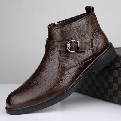 Stylish men's brown leather dress boots, featuring convenient side zipper & decorative buckle detail.