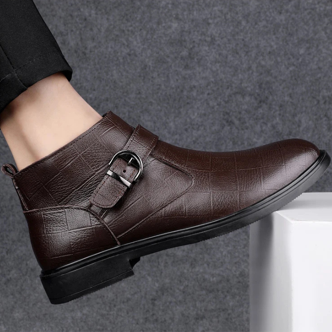 Durable men's premium leather zip boots with stylish buckle detail for easy wear & a secure fit. Brown/black options.