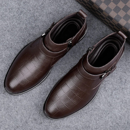 Versatile men's premium leather boots, perfect for dress or casual wear, with zipper & buckle accents.