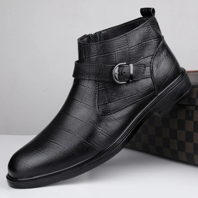 Side view of men's brown premium full-grain leather boots, showcasing elegant buckle and functional zipper.