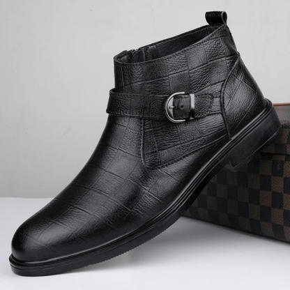 Side view of men's brown premium full-grain leather boots, showcasing elegant buckle and functional zipper.