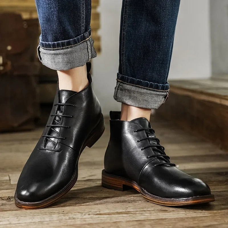 Men's brown comfort leather boots styled casually, perfect durable everyday footwear.