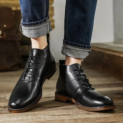 Men's brown comfort leather boots styled casually, perfect durable everyday footwear.