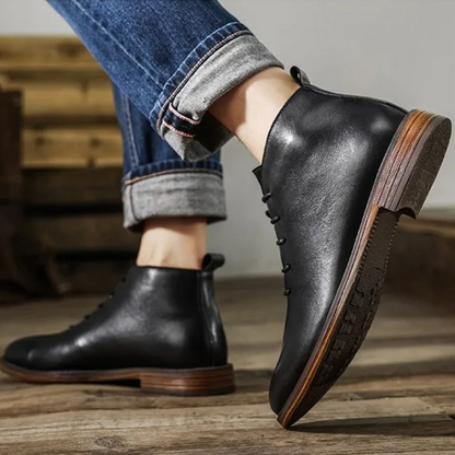 Premium men's leather comfort dress boots with subtle stitching, showcasing high-quality formal footwear.