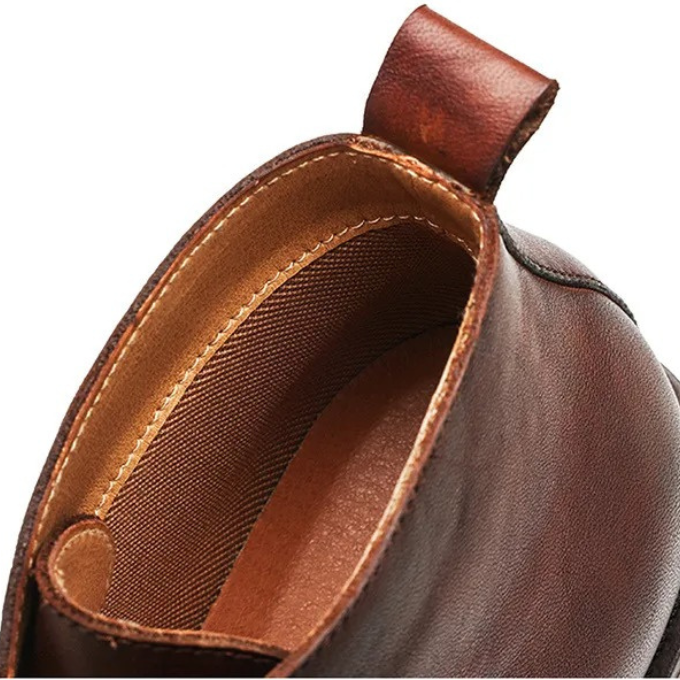 Side view of men's premium brown leather comfort dress boots, highlighting quality & design.