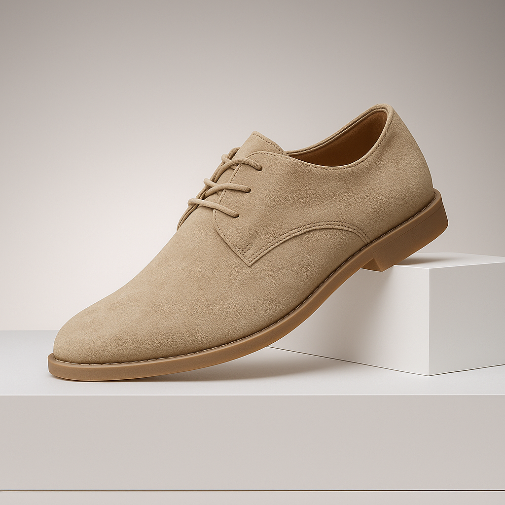 Classic men's lace-up brown suede Derby dress shoes, offering comfort & timeless elegance.