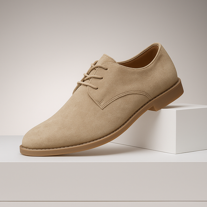 Classic men's lace-up brown suede Derby dress shoes, offering comfort & timeless elegance.