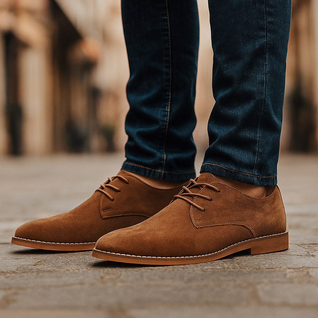 Elegant black suede Derby shoes for men, ideal for both dressy occasions & smart casual wear.