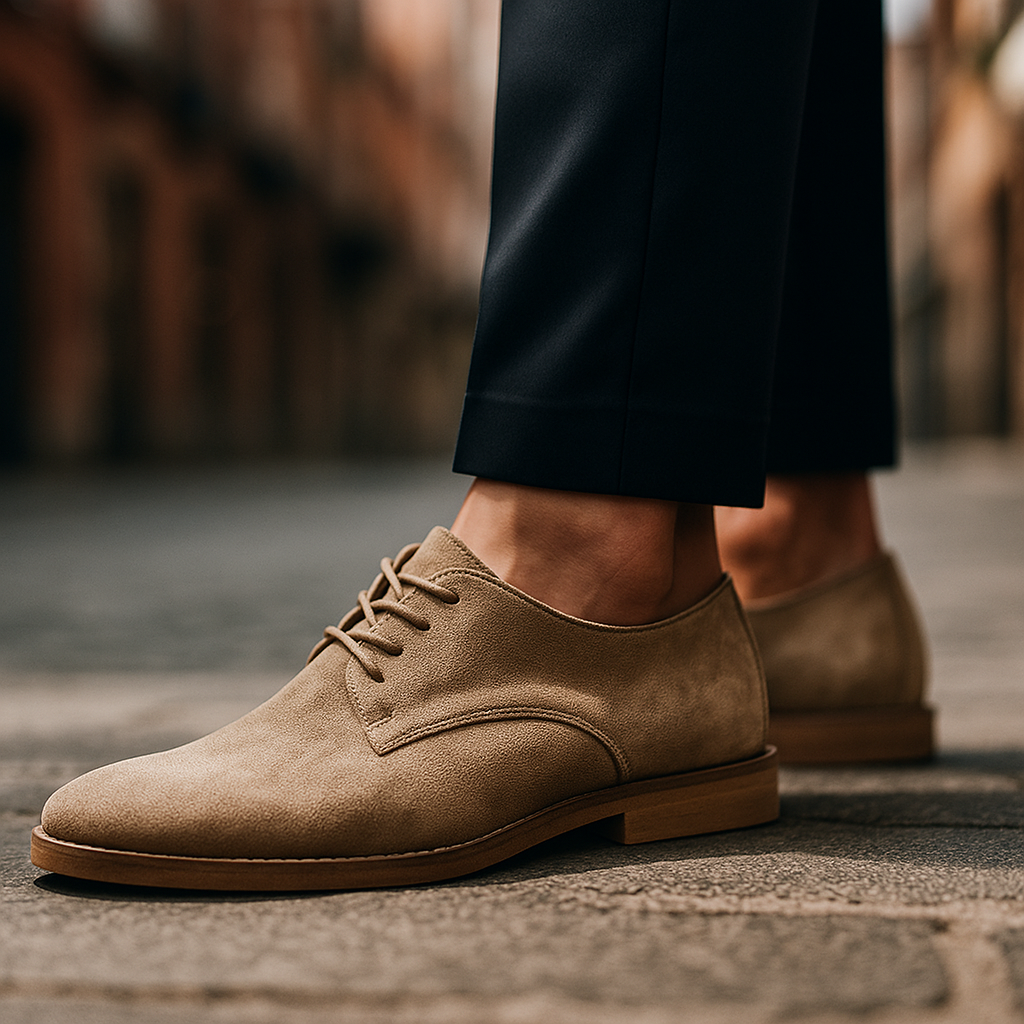 Close-up of the soft, premium brown suede texture on men's Derby shoes with precise lacing.