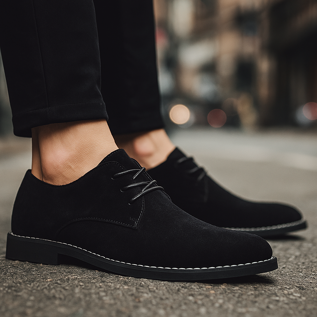 Side view of men's classic brown suede Derby shoes, showcasing the durable sole & refined silhouette.
