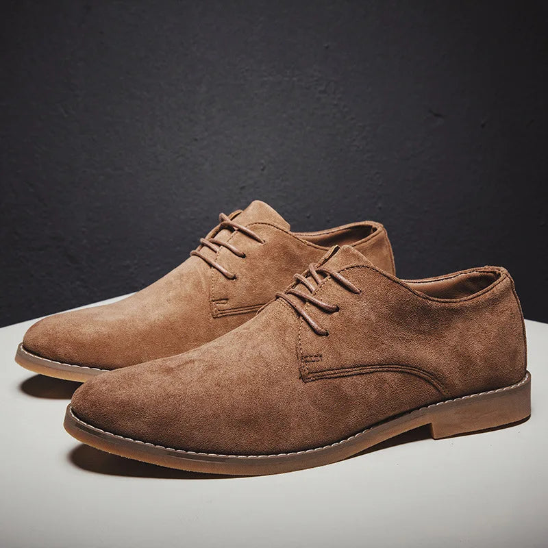 Overhead shot of two premium khaki suede Derby shoes for men, ready for sophisticated wear.
