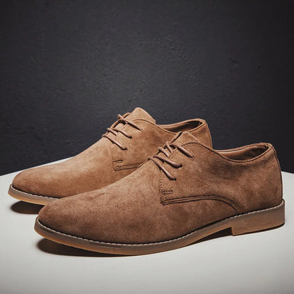 Overhead shot of two premium khaki suede Derby shoes for men, ready for sophisticated wear.