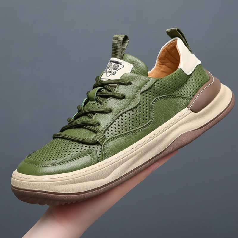 Men's premium comfort sneakers, detailed material texture, highlighting quality and durable construction.