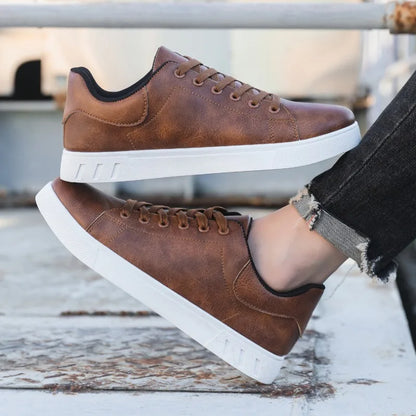 Close-up of men's premium comfort sneakers, showcasing sleek design for everyday wear.