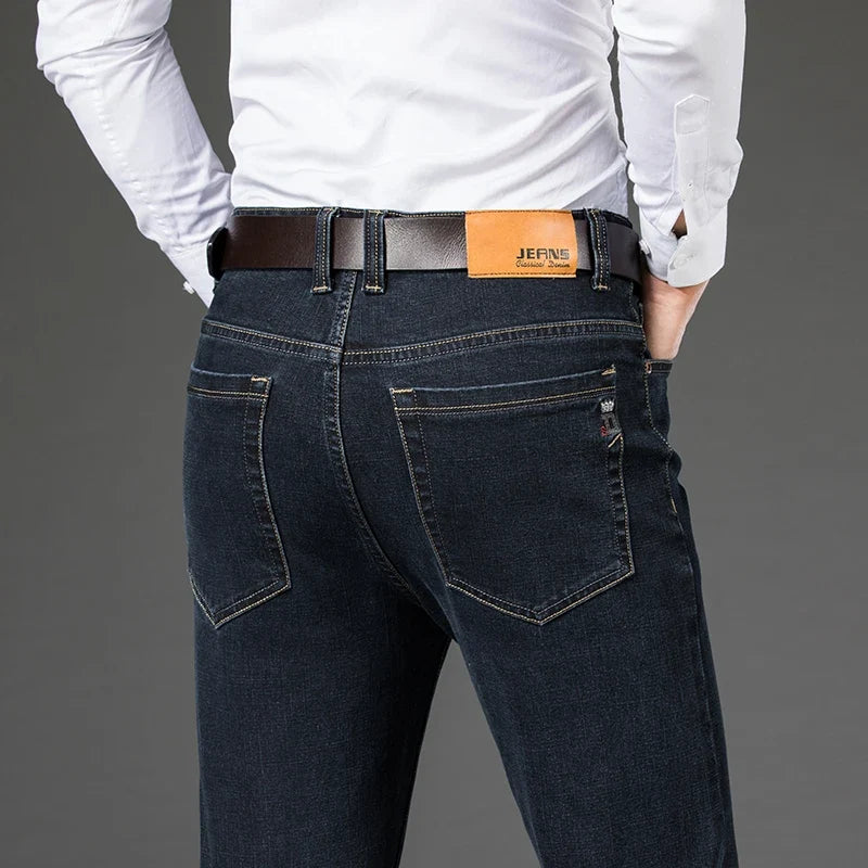 Comfortable men's stretch denim jeans, offering flexibility & a soft feel. Perfect for all-day wear.