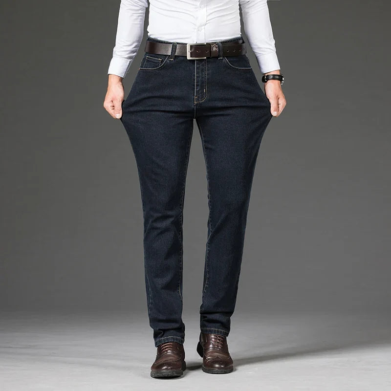 Stylish black men's stretch denim jeans with a tailored fit. Versatile & comfortable for any occasion.