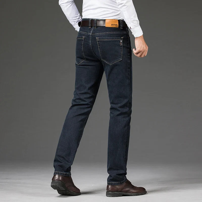 Classic blue men's denim jeans, premium comfort stretch. Durable and fashionable for everyday casual wear.