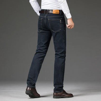 Classic blue men's denim jeans, premium comfort stretch. Durable and fashionable for everyday casual wear.