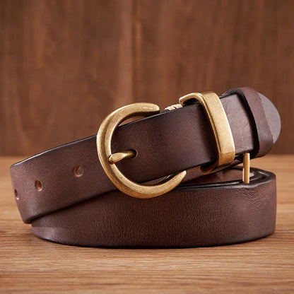 Classic genuine cowhide leather belt for men, featuring a polished brass buckle. A durable accessory for any outfit.