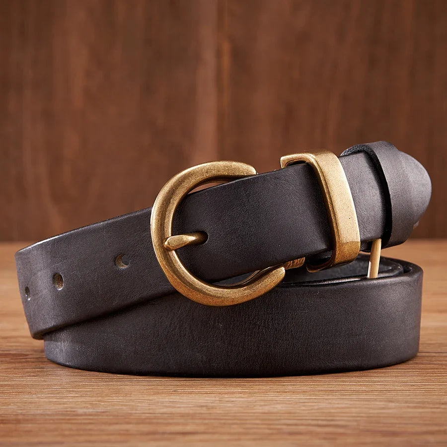 Versatile men's cowhide leather belt with a sleek brass buckle, perfect for formal and casual fashion, durable & stylish.