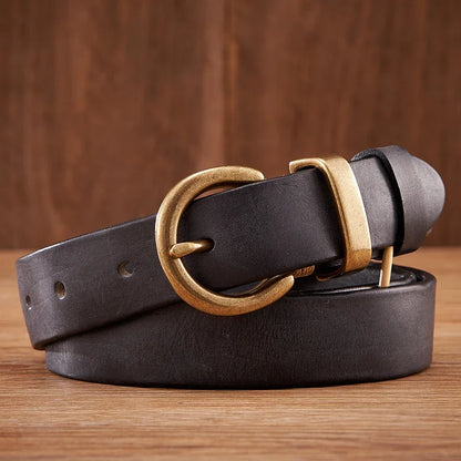 Versatile men's cowhide leather belt with a sleek brass buckle, perfect for formal and casual fashion, durable & stylish.