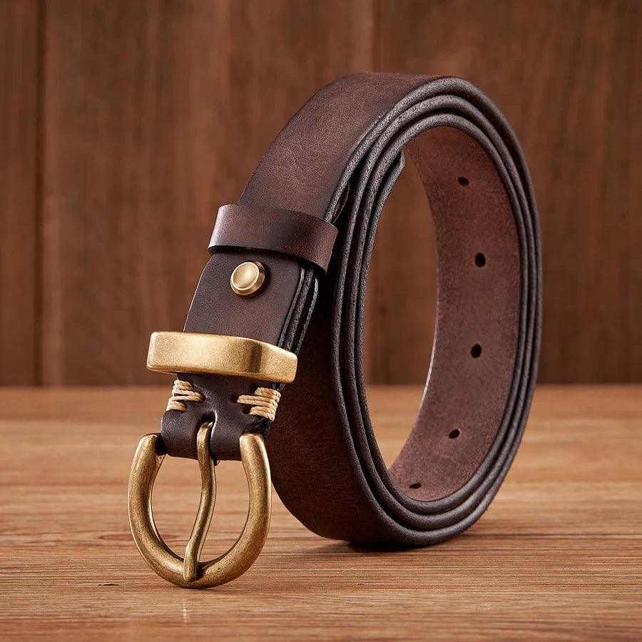 Durable men's cowhide leather belt with a classic brass buckle, an essential genuine leather accessory for formal & casual wear.